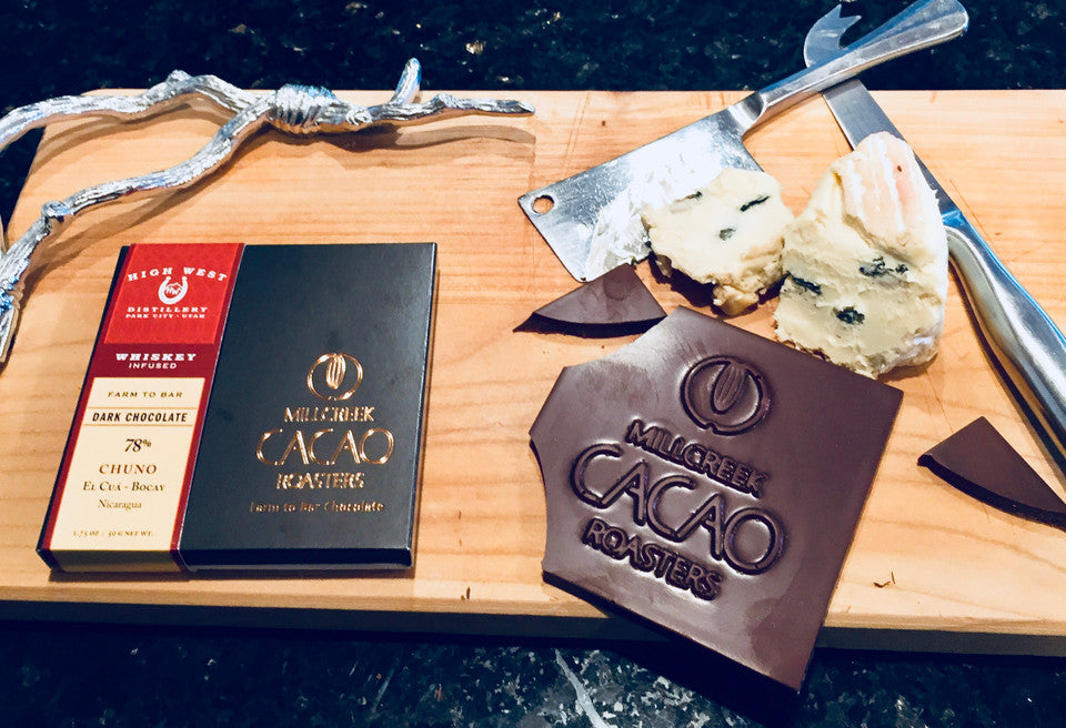 Chocolate and Cheese pairing: Millcreek Cacao Roaster's Aroma infused High West Whiskey Chuno and Saint Angel Blue