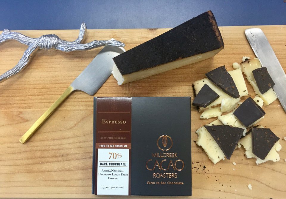 Chocolate and Cheese Pairing: Millcreek Cacao Roasters 70% Arriba with Espresso and Beehive Cheese Barely Buzzed